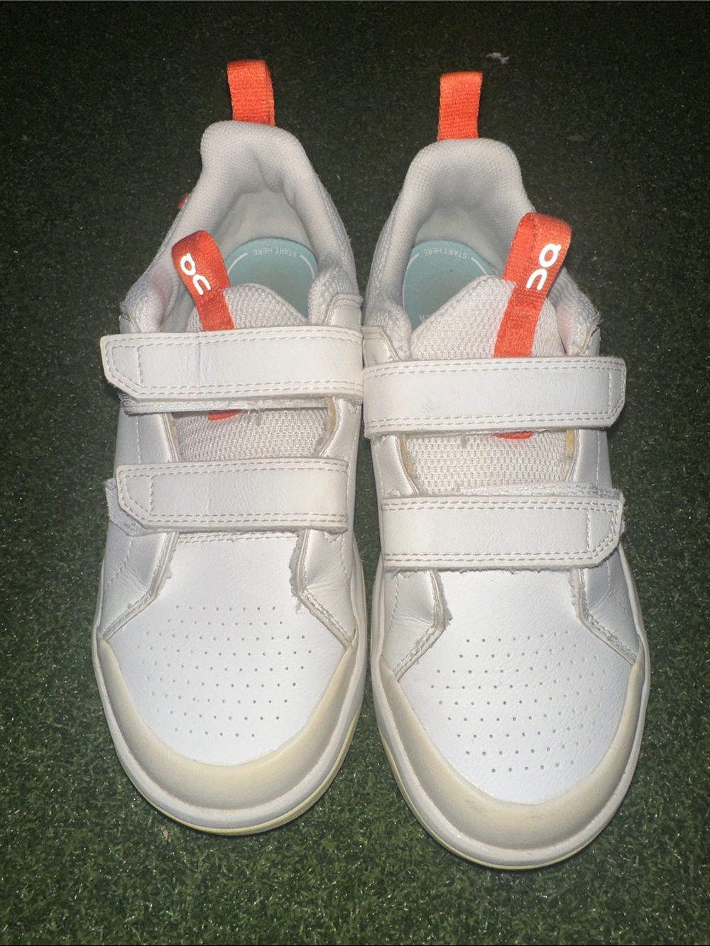 On Running Kids White Sneakers with Orange Pull Tabs